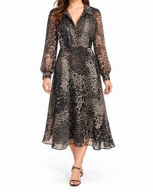DKNY Animal Print Chiffon Midi Dress Size 12 Leopard Long Sleeve